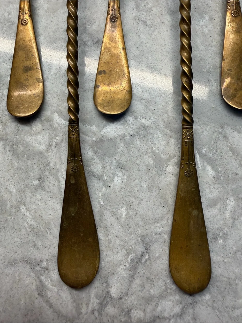 Waldo HE Brass Copper tone finish Cocktail Twist Spiral 8 Spoons Vintage Antique